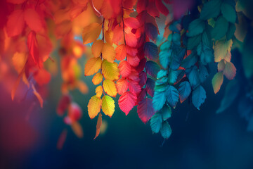 Banner with brightly colored leaves and branches on a blurred background. Concept design for wallpaper, background, and autumn cards with copyspace
