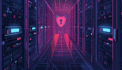 Protecting Digital Assets: Cybersecurity Solutions, cybersecurity measures with an image showing a shield or lock symbolizing protection over digital assets like data servers,  - obrazy, fototapety, plakaty