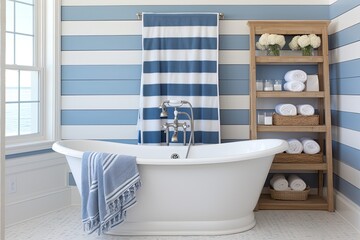 Fototapeta na wymiar Coastal Vibes: Nautical Bathroom Interiors in Blue and White Stripes