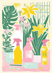 Fototapeta na wymiar Seasonal spring cleaning, florals and cleaning products pastel retro design