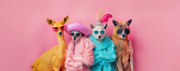 vibrant era of the 1960s with this image featuring animals as fashion models. bold colors and trends of the time, each animal exudes confidence and style as they strut down runway. Bright banner