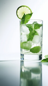 Refreshing Mojito Cocktail with Lime and Mint in Tall Glass with copy space
