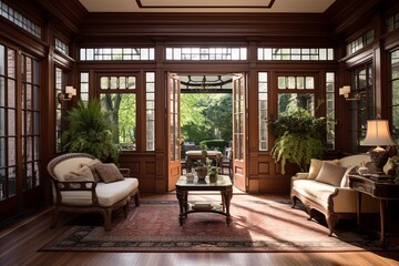 Fototapeta premium Neo-Victorian Living Room with Classic Woodwork Opens to Serene Patio