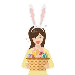 Woman with bunny ears holding basket full of easter eggs - 746476771