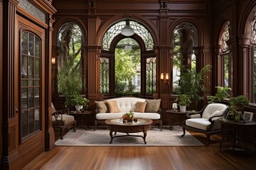Neo-Victorian Living Room Decor - Classic Woodwork Entrance to a Serene Patio