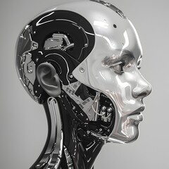 Silver Robot Womans Head in Hyperrealistic 3D Rendering