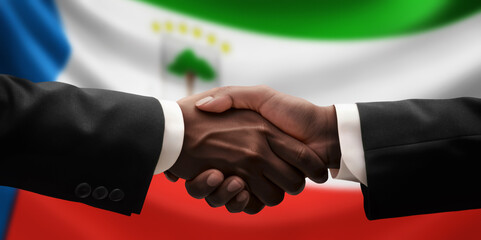 Businessman, diplomat in suits clasp hands for handshake over Equatorial Guinea flag, agree on united success in trade, diplomacy, cooperation, negotiation, teamwork in commerce, gesture of greeting - obrazy, fototapety, plakaty