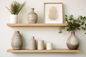 Fototapeta na wymiar Neutral Toned Vases and Decor Adorning Scandinavian Study Space Shelves