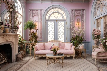 Neo-Victorian Pastel Oasis: Luxurious Textiles and Decor in a Living Room Setting