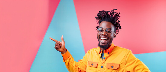 Happy young black man with glasses and dreadlocks pointing to the right side on a colorful background, banner design with copy space area, vibrant color