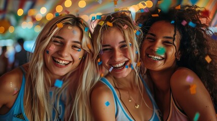 A vibrant scene of three women celebrating a goal at a viewing party, their faces alight with joy and excitement