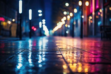 Fototapeta premium Pavement in the city at night, defocused bokeh lights