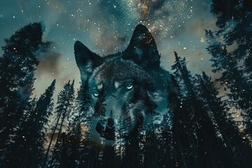 Fototapeta premium A wolf overlaid with the silhouette of a dense forest under a starry night sky in a double exposure