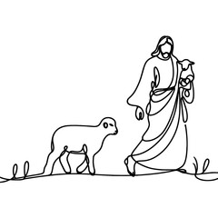 Jesus Christ walking with a lamb through a meadow, line drawing style