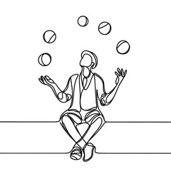 A circus man juggles balls, line drawing style