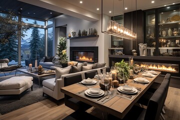 Central Glass Fireplace Elegance: Open Concept Living and Dining Delight