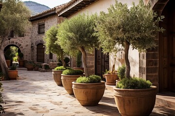 Fototapeta na wymiar Enchanting Spanish Courtyard: Olive Trees and Rustic Planters