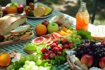 Picnic in the garden with fresh fruits and vegetables on the table