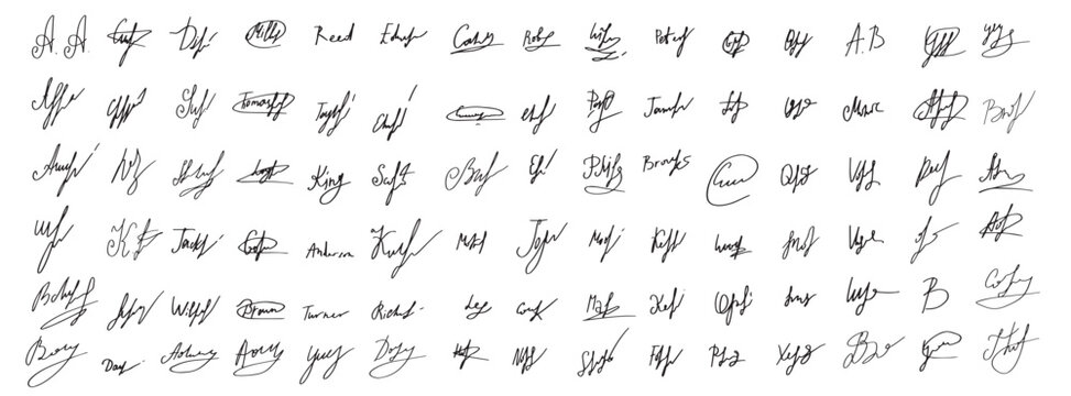 Set of handwritten signatures. Fake signatures for a business contract. Handwriting autograph set. Personal fictional signature calligraphy inscription. Write an imaginary document name. Vector illust