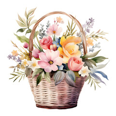 Watercolor meadow flowers bouquet in the wicker basket. Flower backdrop.