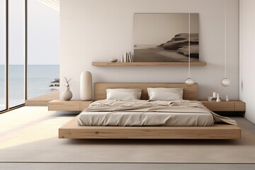 Fototapeta na wymiar Coastal Style Organic Minimalist Bedroom Ideas: Embracing Wooden Boards and Natural Fibers