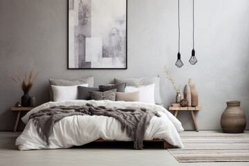 Fototapeta na wymiar Organic Minimalist Bedroom: Grey Wall Bohemian Textile Art Ideas