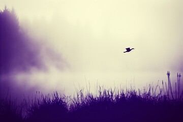 Silhouetted Bird in Flight Over Misty Landscape – Ideal for Themes of Tranquility and Nature