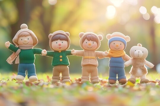 Cute Figurines Holding Hands in Autumn Setting – Ideal for Friendship and Childhood Themes