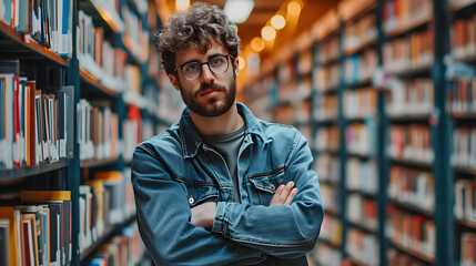Fototapeta premium Bookish Wisdom: A Youthful Academic Engrossed in Study at the University. Generative AI