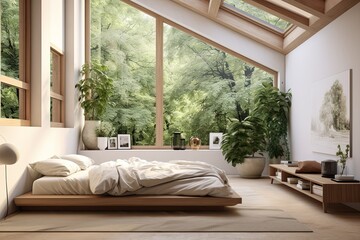 Organic Minimalist Bedroom Ideas: Villa Living with Large Windows and Leafy Greens
