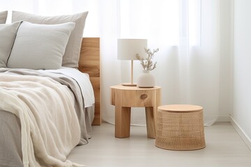 Natural Material Lampshade and Wooden Coffee Table: Organic Minimalist Bedroom Ideas