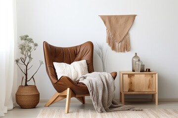Leather Armchair Corner: Organic Minimalist Bedroom Ideas with Soft Throw