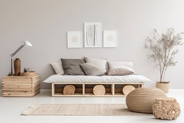 Fototapeta na wymiar Organic Minimalist Bedroom Ideas: Nordic Vibes with Natural Wood and Fabric Poufs