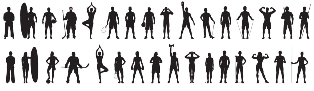 Silhouette of various sportsperson. Men and women athletes of various sports category. 