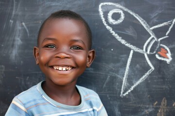 Child smiling, background with blackboard with drawing of a rocket, learning and startup concept.