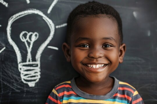 Child smiling, background with blackboard with drawing of a light bulb, concept of idea, creativity and learning.