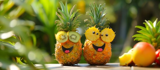 Fun image of two pineapples with playful faces made of kiwi eyes and citrus smiles on a blurred garden background with ample copyspace.