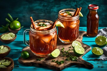 Spicy garnished michelada in a mason glass against a greenish blue wooden background with sweet tamarind