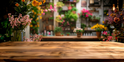 Empty wooden table in front of blurred flowers shop  background for product display in a coffee shop, local market or bar