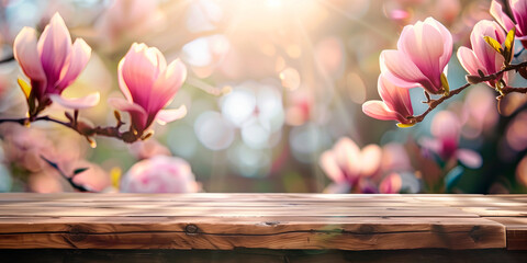 Empty wooden table in front spring magnolia flowers blurred background banner for product display...