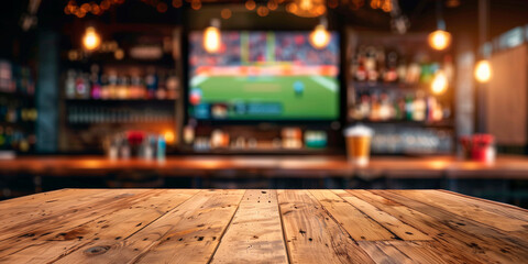 Empty wooden counter in sports bar or pub with blurred  TV displays with sporting events at the bar...