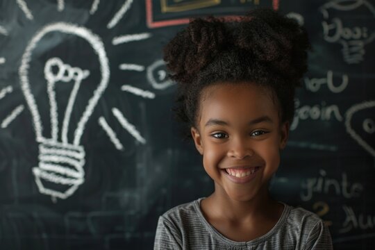 Child smiling, background with blackboard with drawing of a light bulb, concept of idea, creativity and learning.