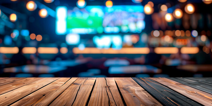 Empty wooden counter in sports bar or pub with blurred  TV displays with sporting events at the bar background