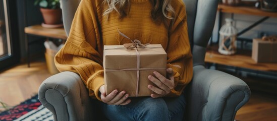 Woman sitting with gift box on her lap, concept of mother's day, celebration, special day. - obrazy, fototapety, plakaty