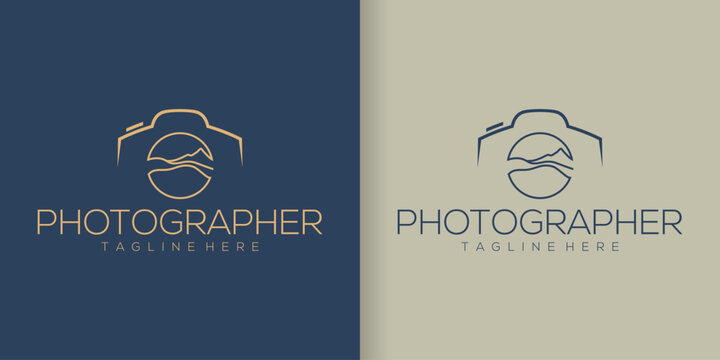Camera line art icon Logo collection with mountains