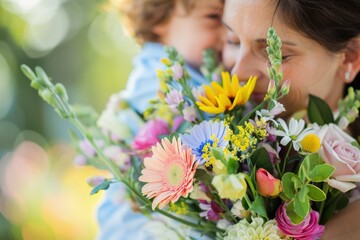 Fototapeta premium Mother and son with flowers, Mother's Day concept.