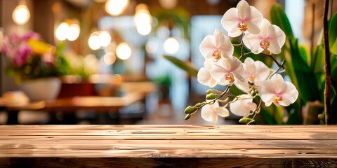 Empty wooden table in front of abstract blurred orchids flowers light background for product...