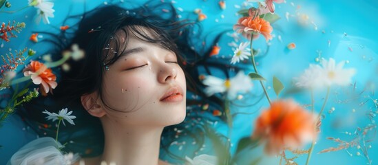 banner beautiful girl with closed eyes on blue background surrounded by flying flowers. concept for allergy treatment, enjoyment of spring, for cosmetics advertising, with copy space