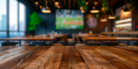 Empty wooden counter in sports bar or pub with blurred  TV displays with sporting events at the bar background - obrazy, fototapety, plakaty