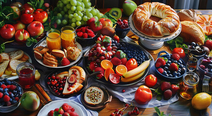 Abundant Breakfast Spread with Fresh Fruits and Pastry